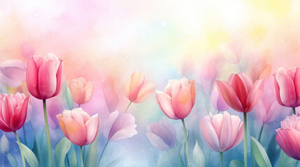  Bouquet of Colorful Watercolor Tulip Flowers Illustration Art on White Background with Copy Space