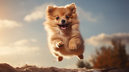 Wall Mural - A playful puppy yearning for food, leaping against a white background.