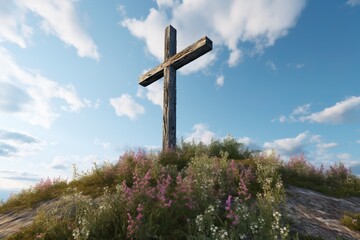 Wooden Christian cross on a hill