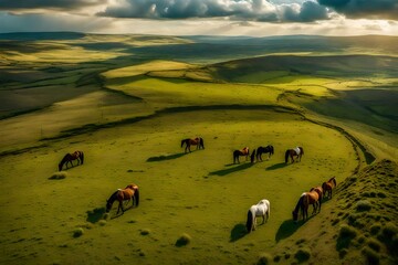 Canvas Print - *aerial view of horses in a grassland landscape with a cloudy sky in background, golan heights, israel.