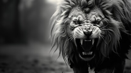 Wall Mural - Close-up of the head of an aggressive lion ready to attack. Wild animal in monochrome style. Illustration for cover, card, postcard, interior design, banner, poster, brochure or presentation.