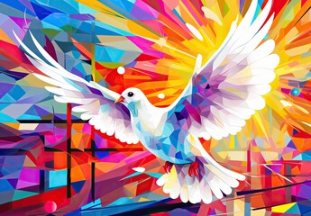 Flying white dove of peace in a painted style. Painting with the bird. Illustration for cover, card, postcard, interior design, banner, poster, brochure or presentation.