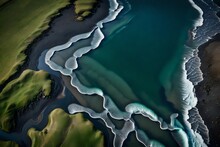 Aerial View Aof Water Formation Along The Coastline At River Estuary In Iceland