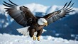 A bald eagle in flight against a snowy mountain landscape, capturing the freedom and grace of this majestic bird