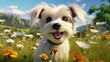 A friendly little dog on a green field with many daisies.