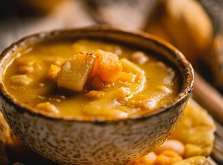 Indian ethnic cuisine, typical soup/broth. Gourmet dish. Closeup photography. Asian food traditional culture.