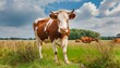 young red and white bull mounts cow in grassy dutch meadow in holland