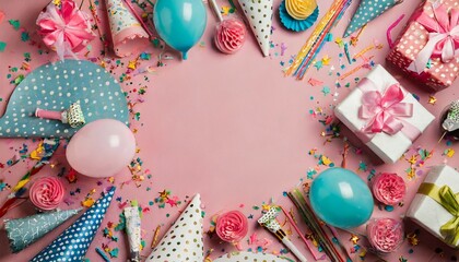 Wall Mural - festive birthday accessories with empty space in the center on a pink background