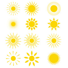 Wall Mural - set of 12 Yellow sun icon, sunshine and solar glow, sunrise or sunset. Decorative circle full sun and sunlight, Summer, sunlight, nature, sky. Vector illustration isolated on white background. 