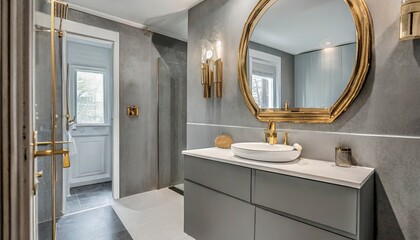 contemporary white and gray half bathroom gray bathroom vanity with gold fixtures and mirror showing into hallway