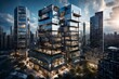 A high-rise apartment building with a blend of glass and steel, set against a vibrant city skyline, illustrating the epitome of contemporary urban living.