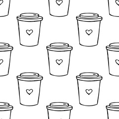 Wall Mural - Seamless pattern with cute cup of tea or coffee doodle for decorative print, wrapping paper, greeting cards, wallpaper and fabric