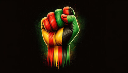 Raised hand fist colored with horizontal stripes of green, yellow, and red representing Black History Month