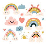 Fototapeta Dinusie - Set of cute hand drawn rainbows and clouds. Vector illustration.