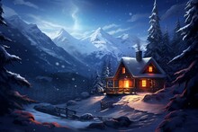 A Cozy Cabin With Smoke Rising From The Chimney, Nestled In A Snowy Valley Under A Clear, Starry Winter Night.