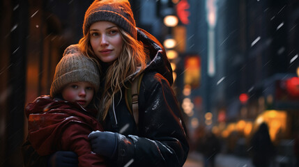 A woman and child walks down a busy cold, winter city street at night. Mother and son smile hugging on a cold and snowy street at night