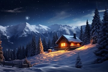Wall Mural - A cozy cabin with smoke rising from the chimney, nestled in a snowy valley under a clear, starry winter night.