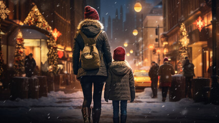 A woman and child walks down a busy cold, winter city street at night. Mother and son smile hugging on a cold and snowy street at night