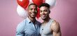 African american gay couple celebrating Valentine´s day with balloons. Copy space