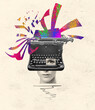 © Solarisys - Pop art collage. Female typing on retro typewriter over creative design background.