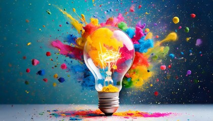 creative light bulb explodes with colorful paint and colors new idea brainstorming concept