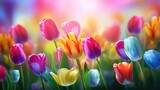 Fototapeta Tulipany - vibrant beauty of spring with a closeup of fresh tulip flowers on a lush green background.