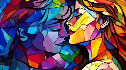 Stained glass window background with colorful Couple in love abstract.