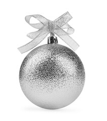 Wall Mural - Beautiful silver Christmas ball with bow isolated on white