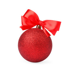 Wall Mural - Beautiful red Christmas ball with bow isolated on white