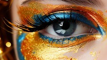 A woman's eye with gold and blue paint, creating a captivating and vibrant artistic expression.