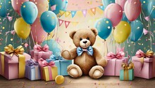 Birthday Invitation Card Background Teddy Bear Gifts And Balloons