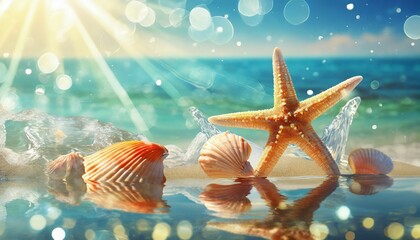 Wall Mural - starfish and seashell on the summer beach in sea water