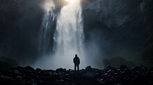 An Anonymous Figure Stands On A Cliff, Gazing Out At A Waterfall. The Figure Is Silhouetted Against The Spray, Their Face Hidden In Shadow. Ai Generated.