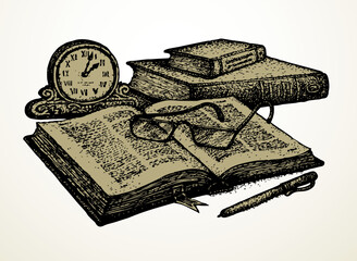 Poster - Vector still life. Old books, paper, pen and clock