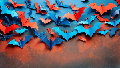 Wall Mural - photo of blue and red flying paper bats on empty halloween background