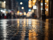 Falling Rain City Lights Reflected On Sidewalk And Street With People Walking Past Store Windows Urban Evening Background Blur