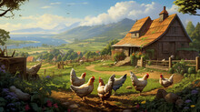 Country Farmhouse With Chickens And A Vegetable Garden