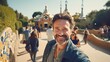 Happy And Smiling Mature Male Tourist Take Self-Portrait With Smartphone In Park Guell, Barcelona, Spain. Holidays And Travel Concept. Generative AI