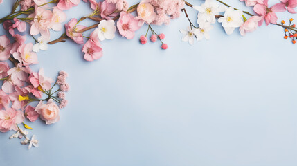 flat lay of spring flowers on blue background with copy space