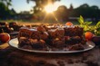 A slice of peach brownie, sprinkled with brown sugar in a picnic., generative IA