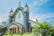 Velankanni Matha catholic church facade with palms in foreground, Nedumkandom, Kerala, South India