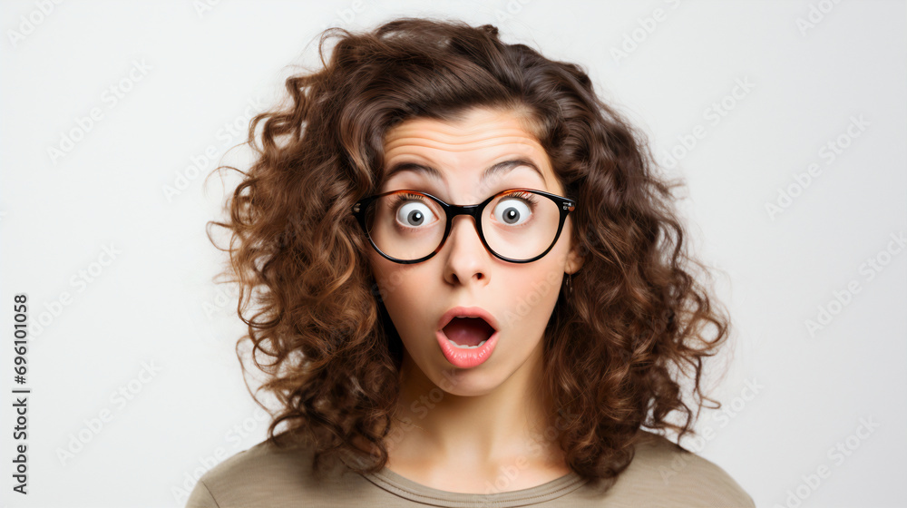 Young woman with curly hair, shocked expression, and glasses. Her wide eyes and open mouth capture a moment of genuine surprise