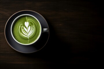 Wall Mural - Matcha latte top view. Cup of green creamy beverage on black surface. Generate ai