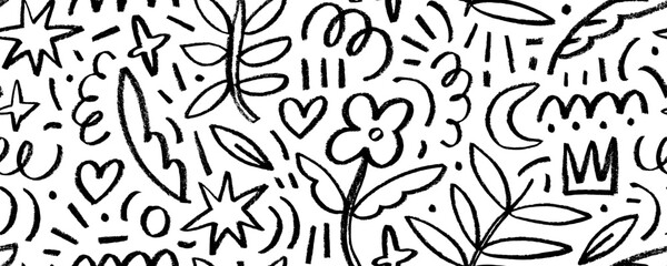 Seamless banner design with charcoal flowers, crowns, stars and speckles. Hand drawn childish doodle seamless pattern.