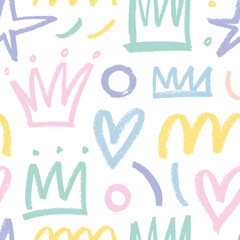 Fototapete - Pastel colored seamless pattern with charcoal crowns, stars, curls and hearts.