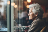 Fototapeta  - The elderly woman is looking through the window, waiting for someone to come by. She looks depressed