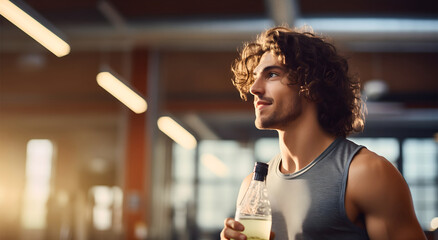 Wall Mural - Handsome and fit young man wearing gray athletic shirt, standing in the gym and holding a bottle of water, hydrating himself on hot summer day, male person exercising or training indoors