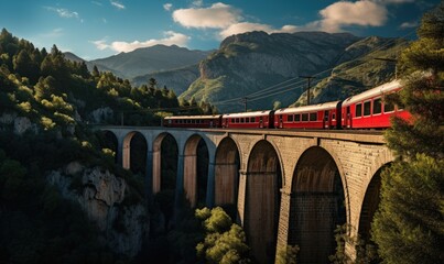 Red Train on Mountain Bridge at Sunset