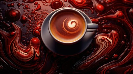 Wall Mural - A cup of coffee is on a red background with swirls, AI