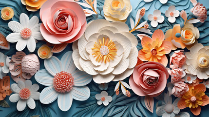 Wall Mural - Spring flowers in paper cut style with copy space